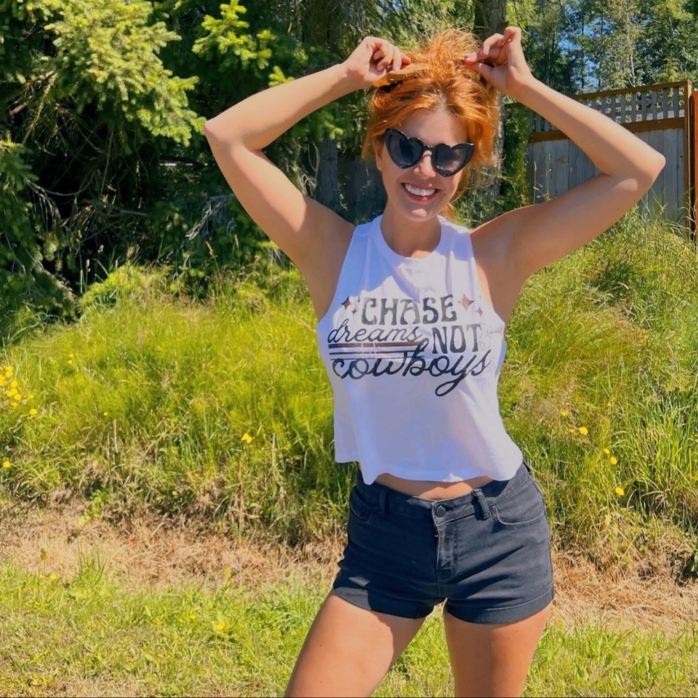 Chase Dreams Not Cowboys White Graphic Tank Top